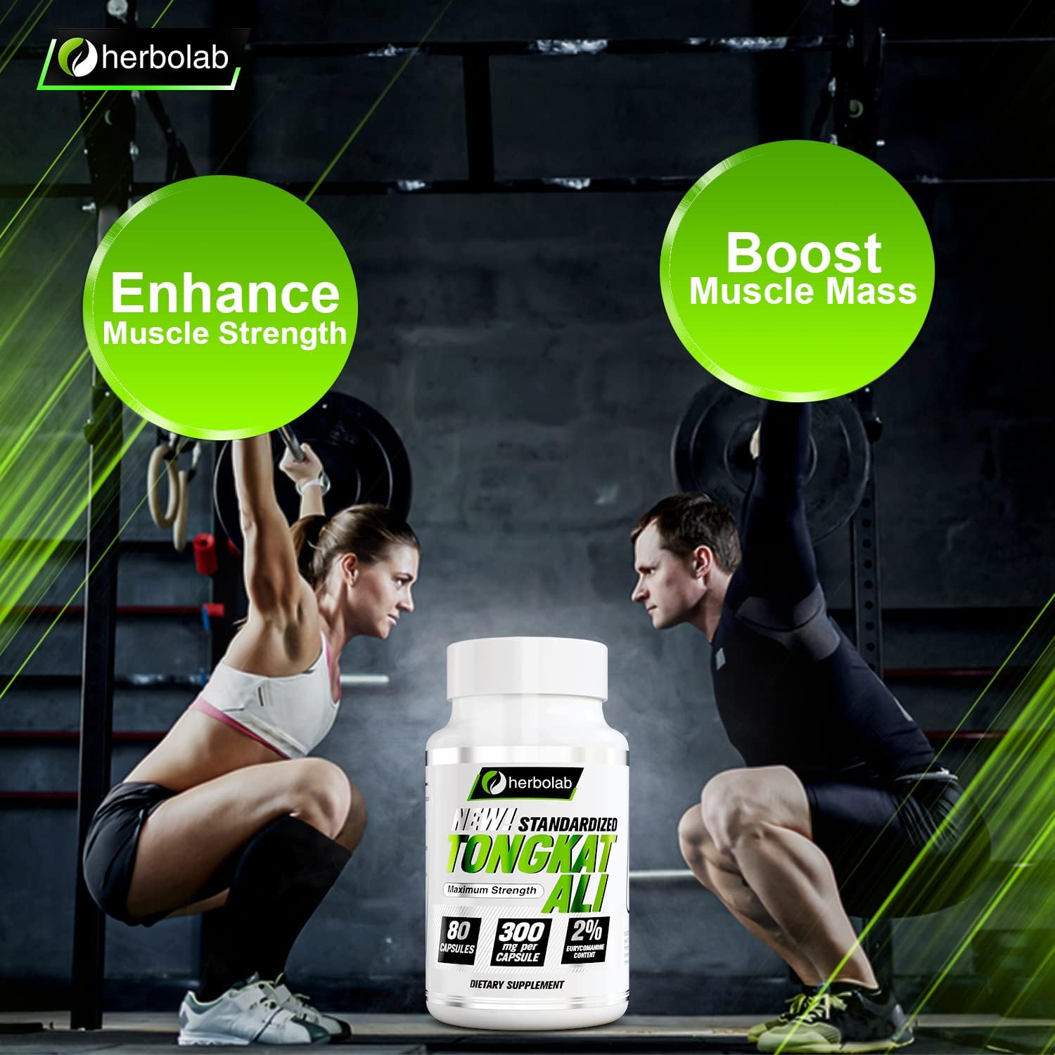 Herbolab Tongkat Ali Root Supplement 200:1, 2% Eurycomanone, 1200mg, 30 Day Supply - Longjack Tongkat Ali for Men