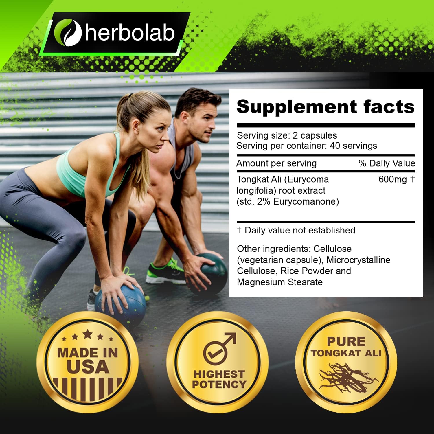 Herbolab Tongkat Ali Root Supplement 200:1, 2% Eurycomanone, 1200mg, 30 Day Supply - Longjack Tongkat Ali for Men