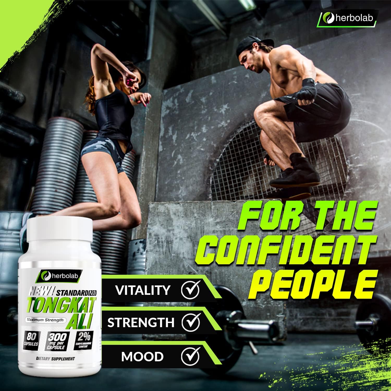 Herbolab Tongkat Ali Root Supplement 200:1, 2% Eurycomanone, 1200mg, 30 Day Supply - Longjack Tongkat Ali for Men