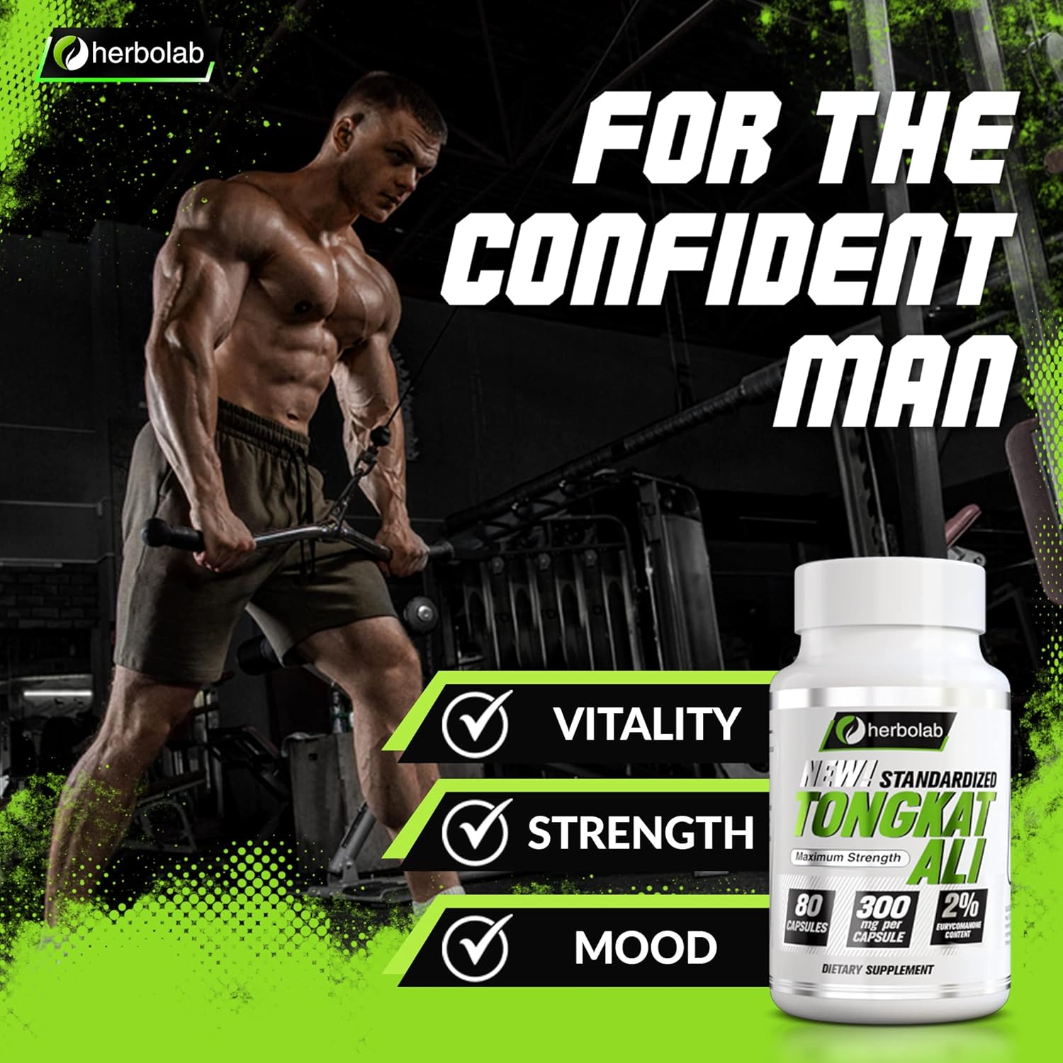 Herbolab Tongkat Ali Root Supplement 200:1, 2% Eurycomanone, 1200mg, 30 Day Supply - Longjack Tongkat Ali for Men