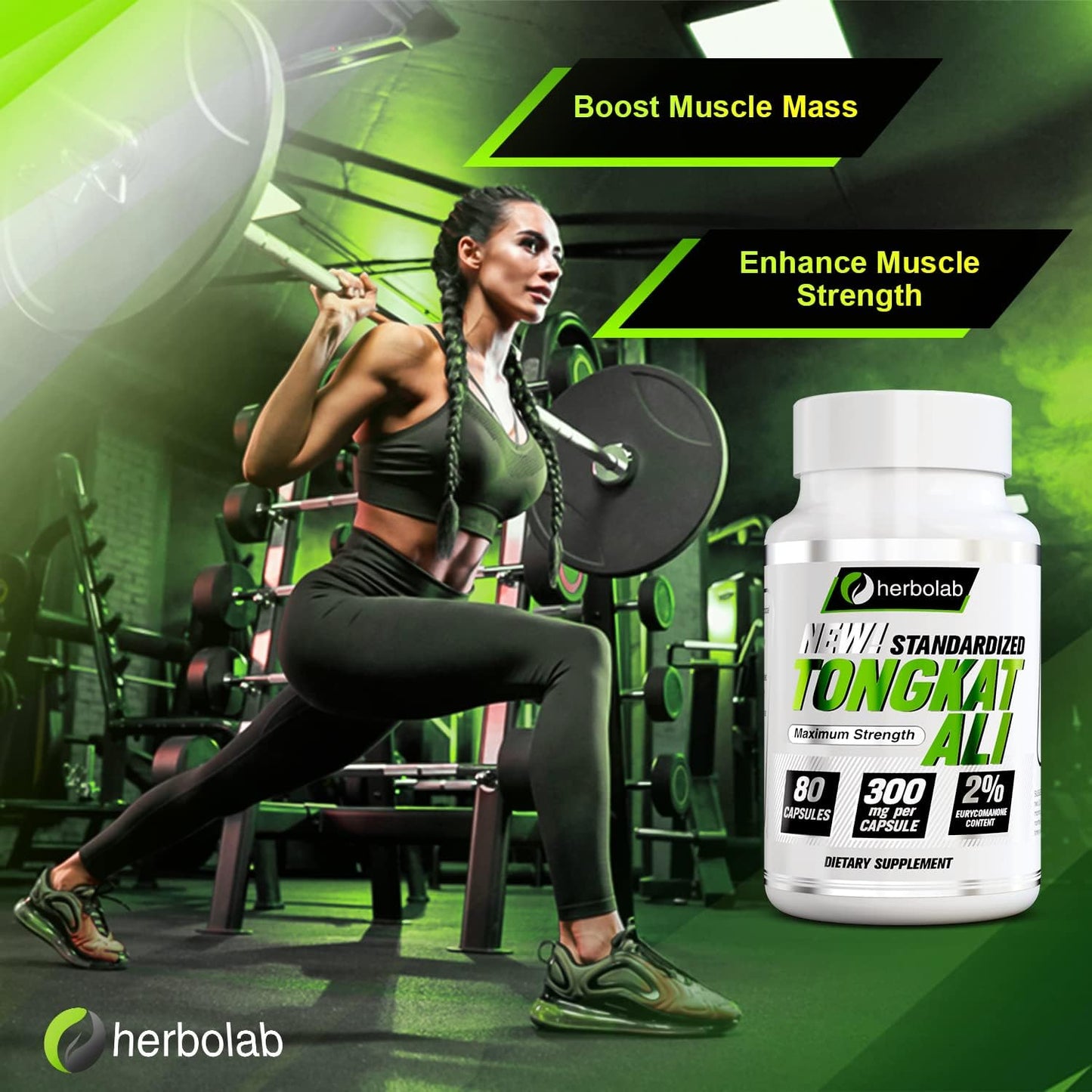 Herbolab Tongkat Ali Root Supplement 200:1, 2% Eurycomanone, 1200mg, 30 Day Supply - Longjack Tongkat Ali for Men