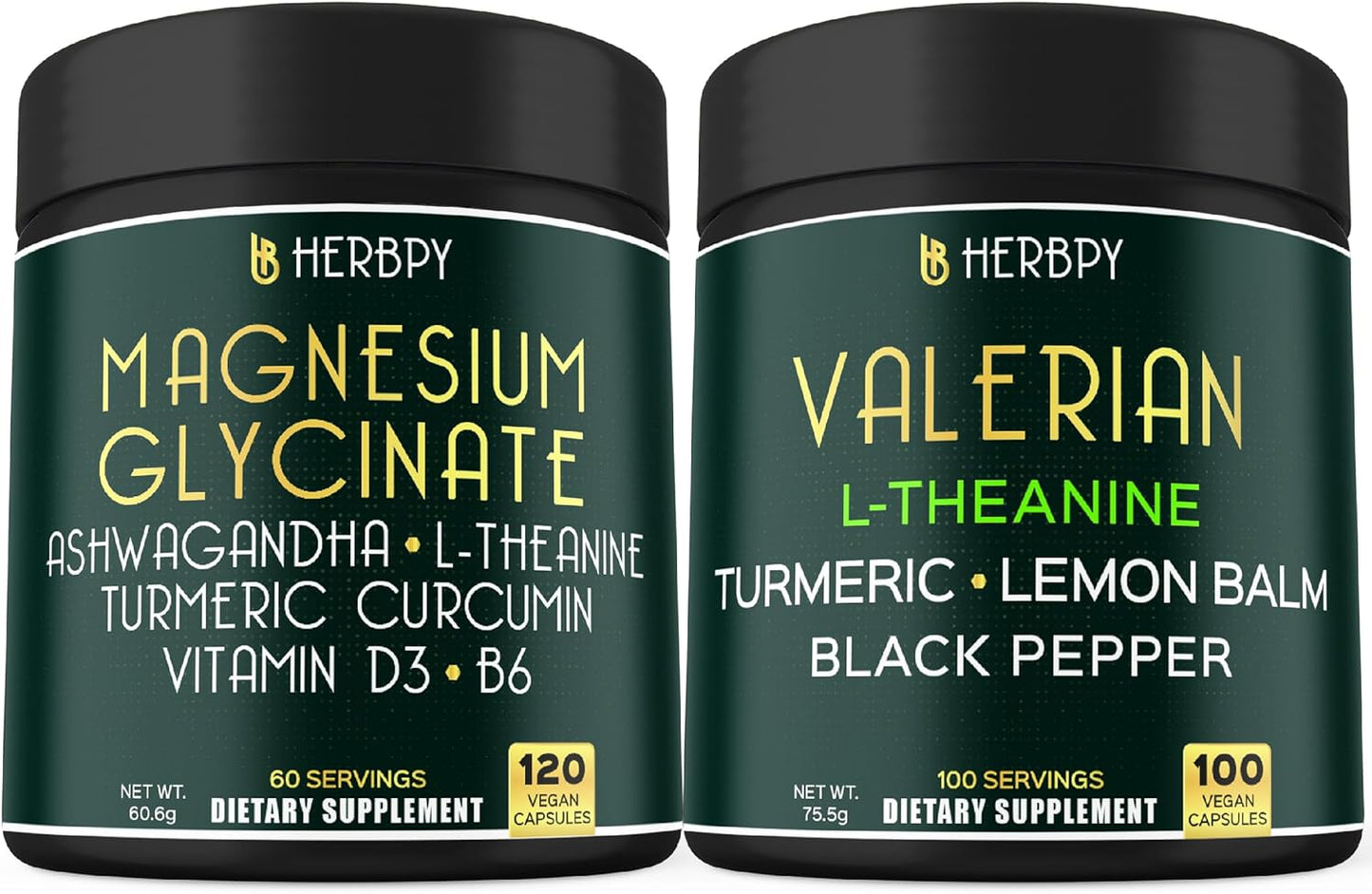 Herbpy Bundle: Magnesium Glycinate & Valerian Root Supplements for Day and Night Support, Relaxation, Brain Health, Immune Boost - 11in1 Formula