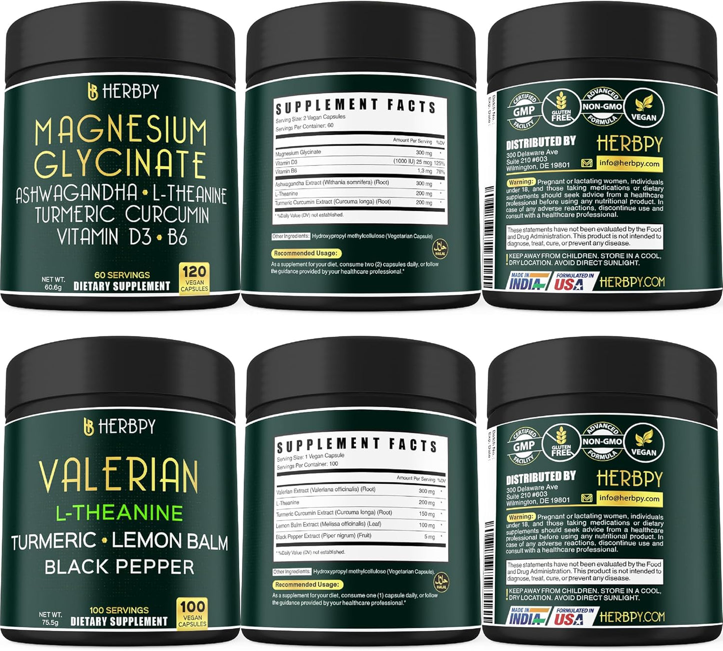 Herbpy Bundle: Magnesium Glycinate & Valerian Root Supplements for Day and Night Support, Relaxation, Brain Health, Immune Boost - 11in1 Formula