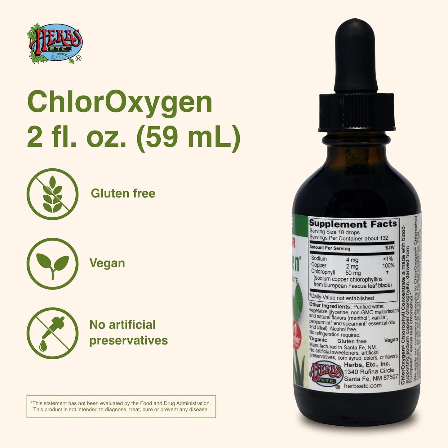 Herbs Etc. ChlorOxygen Chlorophyll Concentrate - Boost Energy & Blood Circulation - Natural Vitality Support - Alcohol-Free - 2 fl oz