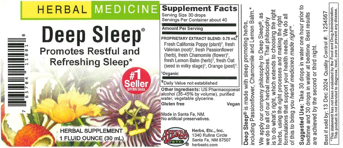 Herbs Etc. Deep Sleep Liquid Extract - Natural Herbal Sleep Aid - Non-Habit Forming - 1 oz - California Poppy, Valerian, Passionflower, Chamomile