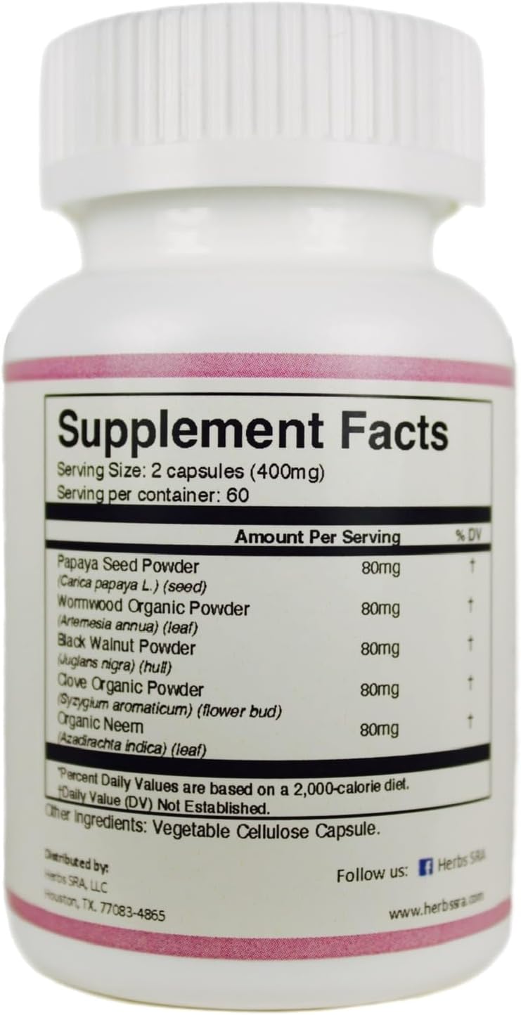 Herbs SRA ParasCleaner - Herbal Supplement for Digestive Health with Papaya Seed, Wormwood, Black Walnut, Clove, Neem
