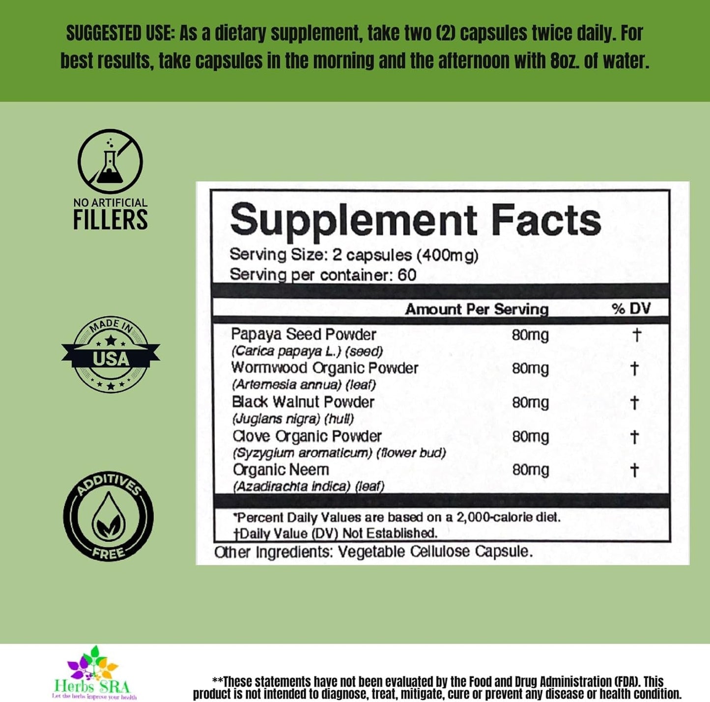 Herbs SRA ParasCleaner - Herbal Supplement for Digestive Health with Papaya Seed, Wormwood, Black Walnut, Clove, Neem