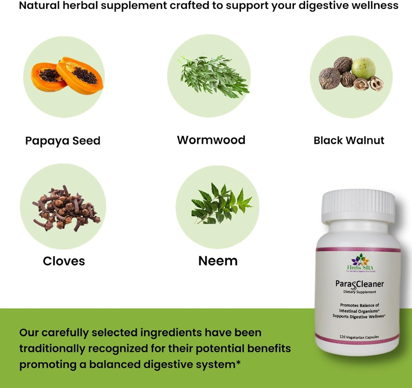 Herbs SRA ParasCleaner - Herbal Supplement for Digestive Health with Papaya Seed, Wormwood, Black Walnut, Clove, Neem