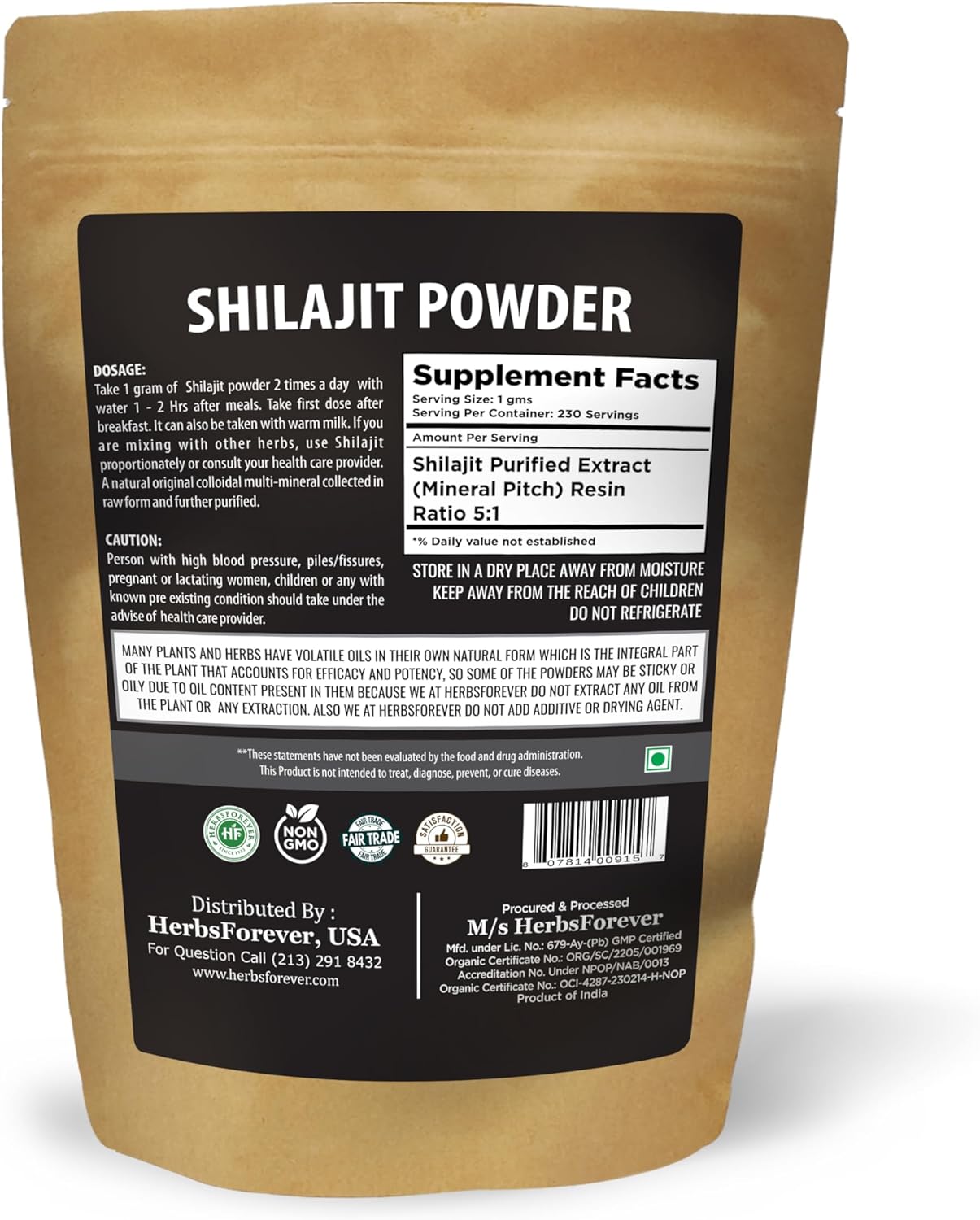 Herbsforever Shilajit Powder 6:1 Extract for General Wellness - 8.11 oz (230 GMS) - Antioxidant Mineral Pitch