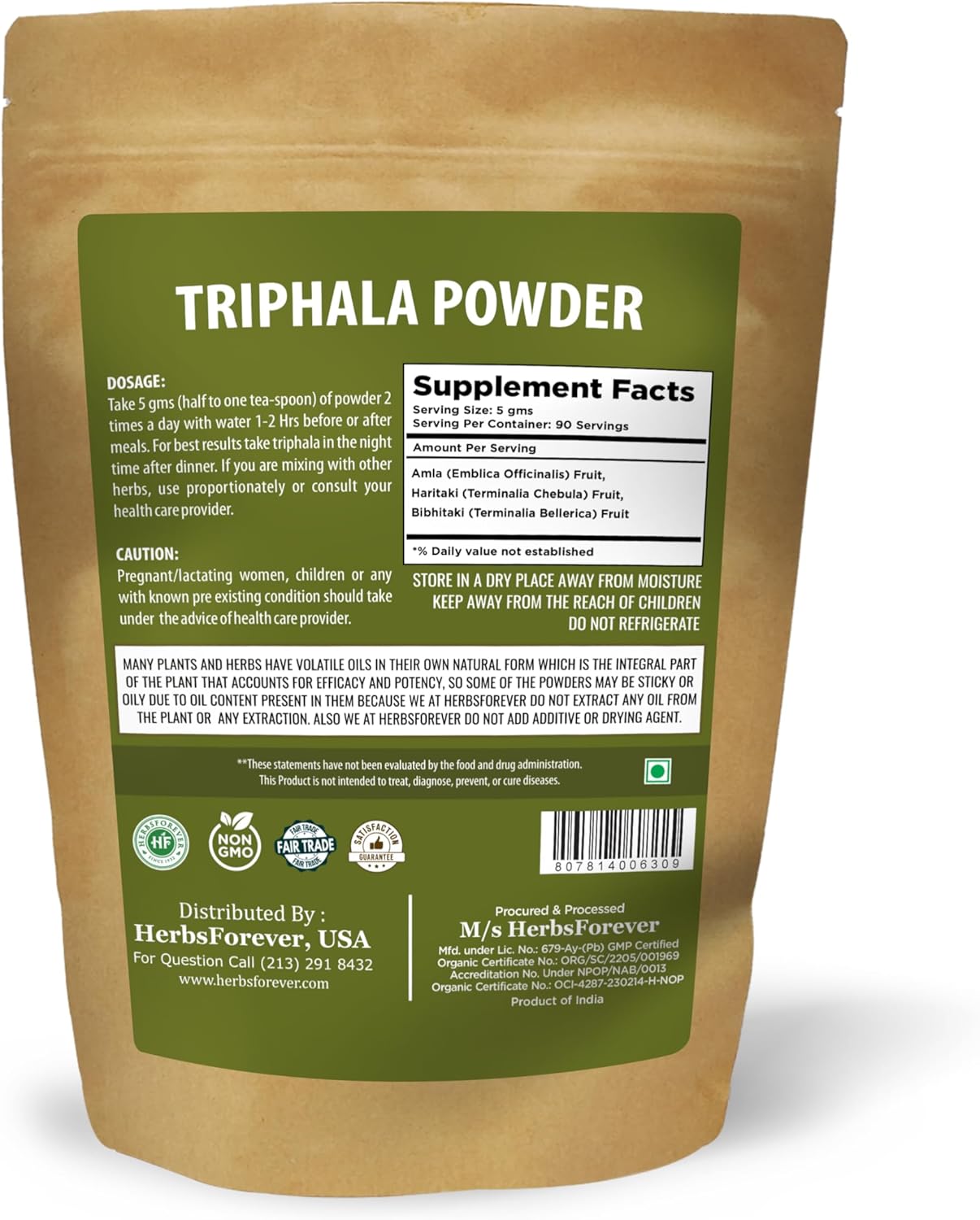Herbsforever Triphala Churna Powder 454 GMS - Ayurvedic Detox & Rejuvenation Support, Non GMO Vegan Formula