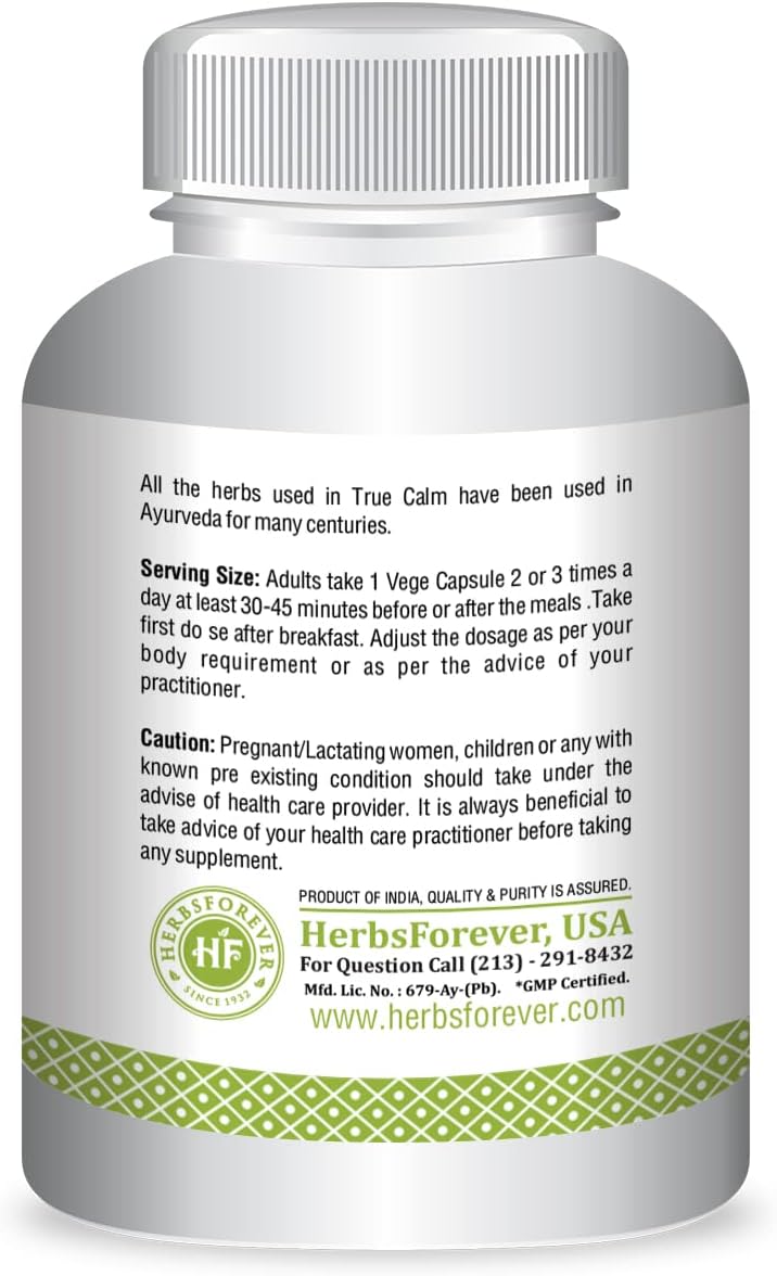 Herbsforever True Calm Capsules - Ayurvedic Stress Relief Formula for Comfortable Sleep - 90 Vege Capsules, 800 mg