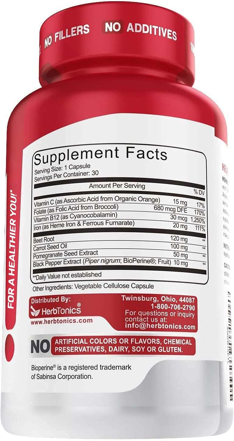 Herbtonics Blood Booster Iron Supplements with Vitamin C, Beet Root, Folate for Energy & Red Blood Cells Production - 30 Vegan Capsules
