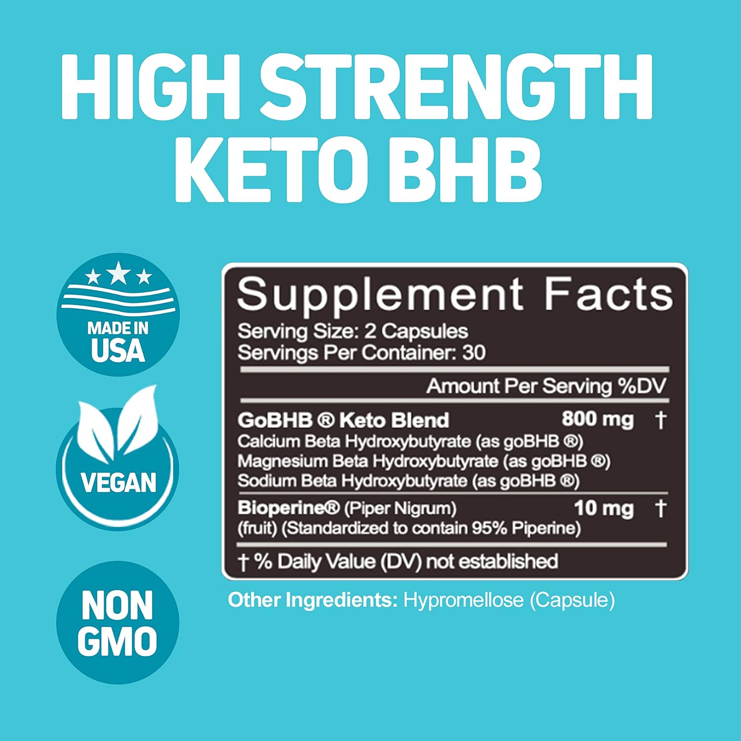 Herbtonics High Strength Keto Capsules with Bioperine - Gluten-Free BHB Salts for Ketosis & Energy - 60 Vegan Capsules