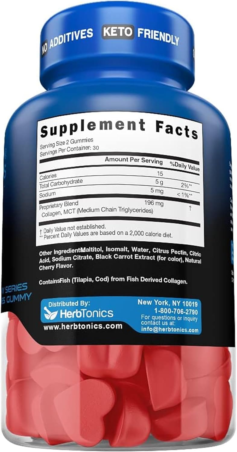 Herbtonics Keto Gummies with MCT Oil and Collagen for Anti-Aging, Hair Growth, and Skin Care - Sugar-Free On-The-Go Protein Gummies