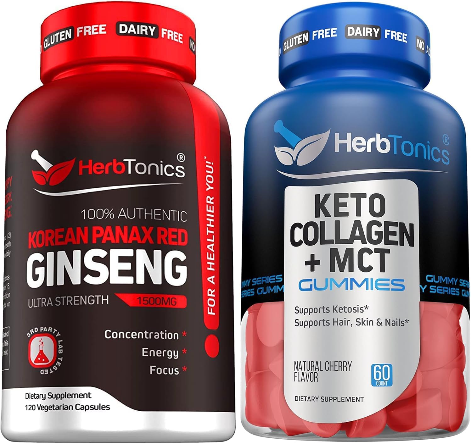 Herbtonics Korean Red Panax Ginseng 1500mg - High Potency Energy & Immune Support Keto Gummies with MCT, Collagen - Sugar Free Anti Aging Hair Growth & Strong Nails Formula for Men & Women
