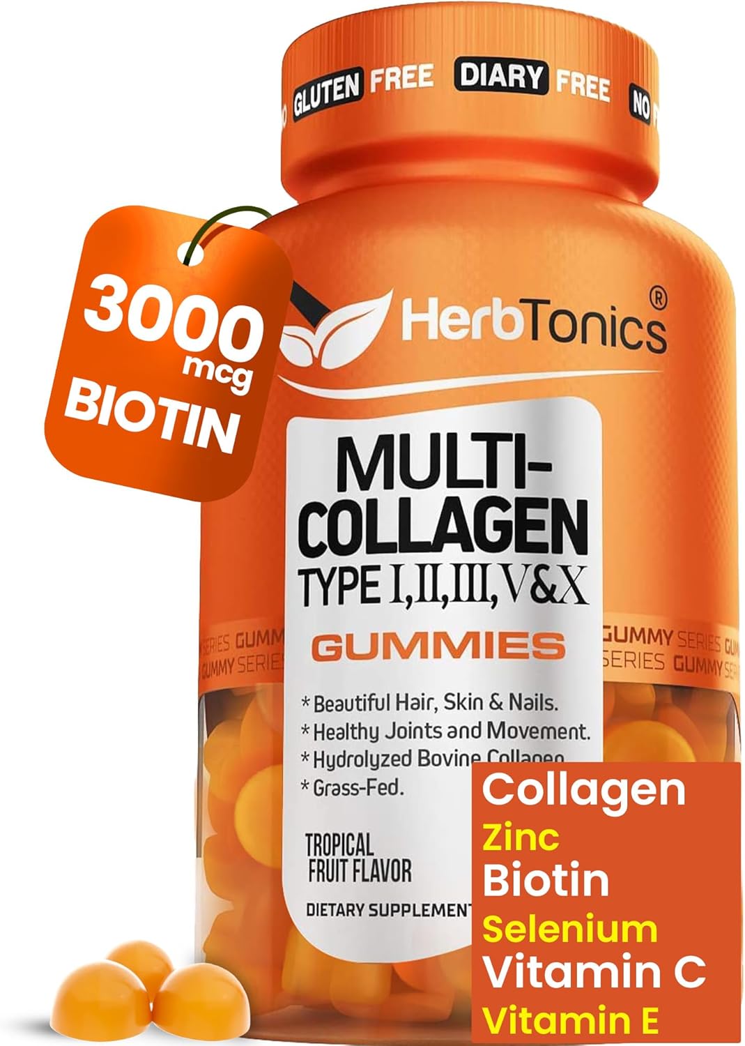 Herbtonics Multi Collagen Gummies for Women with Biotin - Hair Skin Nails Vitamins - Hydrolyzed Collagen Complex - 60 Supplements