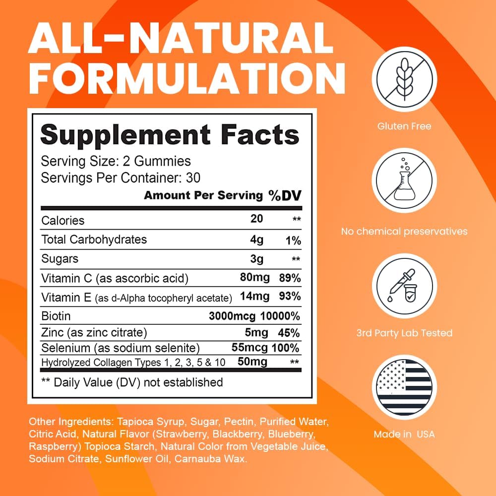 Herbtonics Multi Collagen Gummies for Women with Biotin - Hair Skin Nails Vitamins - Hydrolyzed Collagen Complex - 60 Supplements