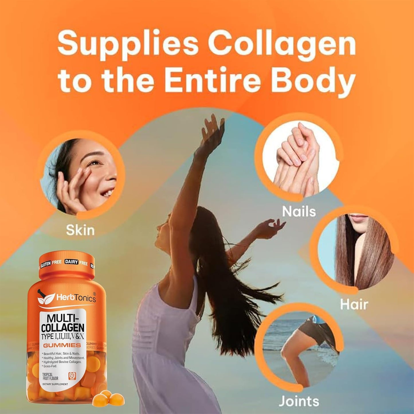 Herbtonics Multi Collagen Gummies for Women with Biotin - Hair Skin Nails Vitamins - Hydrolyzed Collagen Complex - 60 Supplements