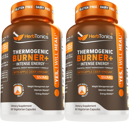 Herbtonics Thermogenic Supplement for Metabolic Health & Energy - 120 Veg Capsules with ACV, Green Tea Extract & Caffeine for Men & Women