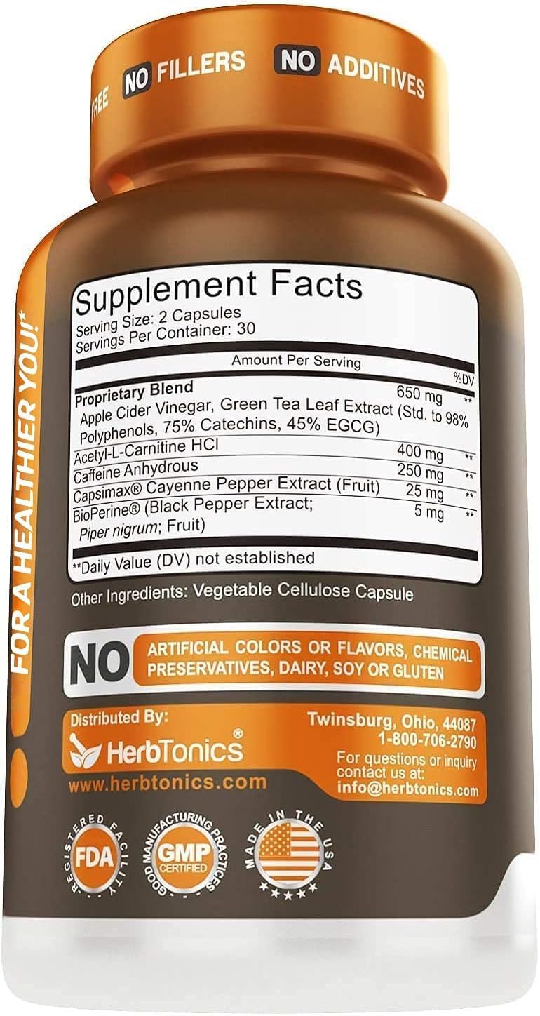 Herbtonics Thermogenic Supplement for Metabolic Health & Energy - 120 Veg Capsules with ACV, Green Tea Extract & Caffeine for Men & Women