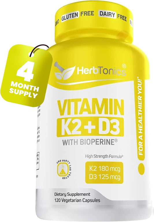 Herbtonics Vitamin K2 D3 Supplement with Bioperine for Immune System Support, Strong Bones & Heart Health - 120 Veg Capsules