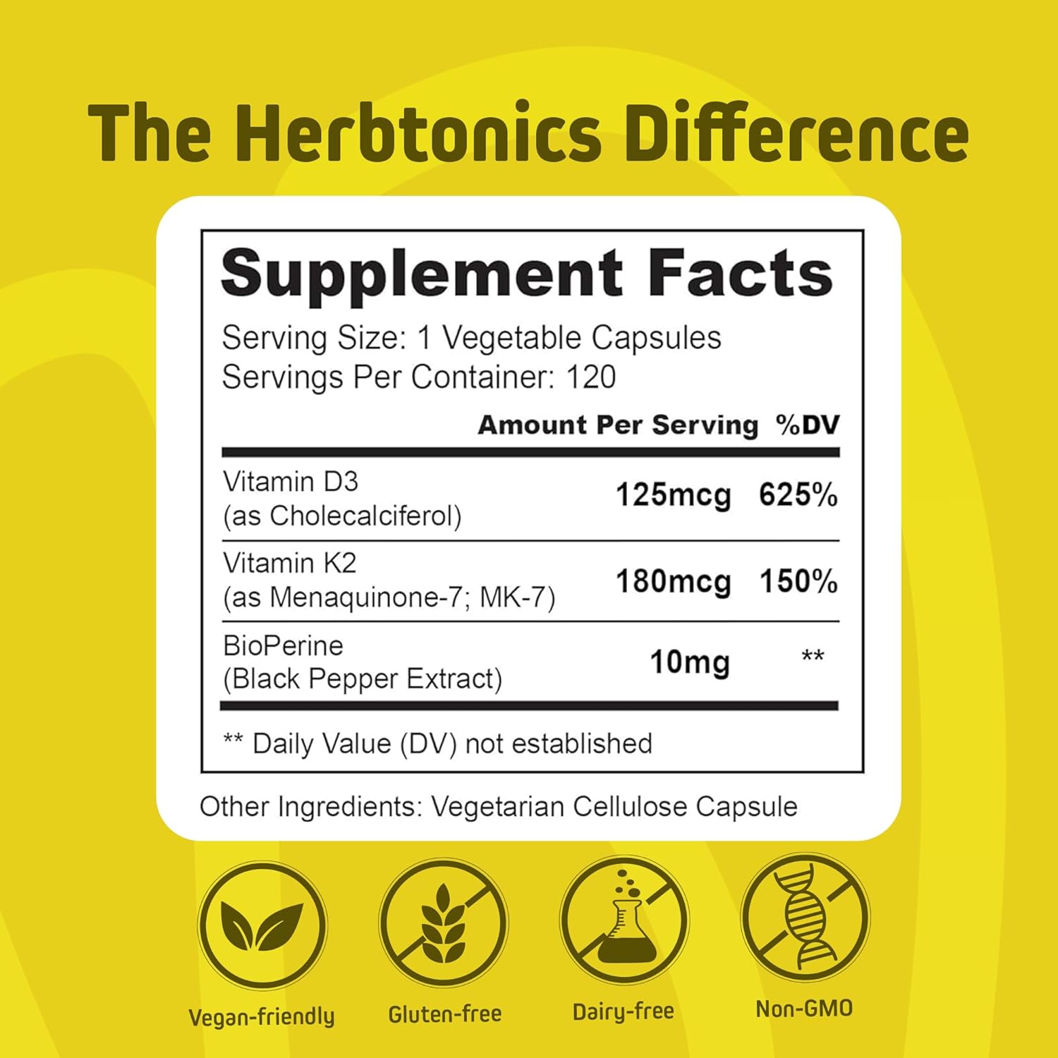 Herbtonics Vitamin K2 D3 Supplement with Bioperine for Immune System Support, Strong Bones & Heart Health - 120 Veg Capsules