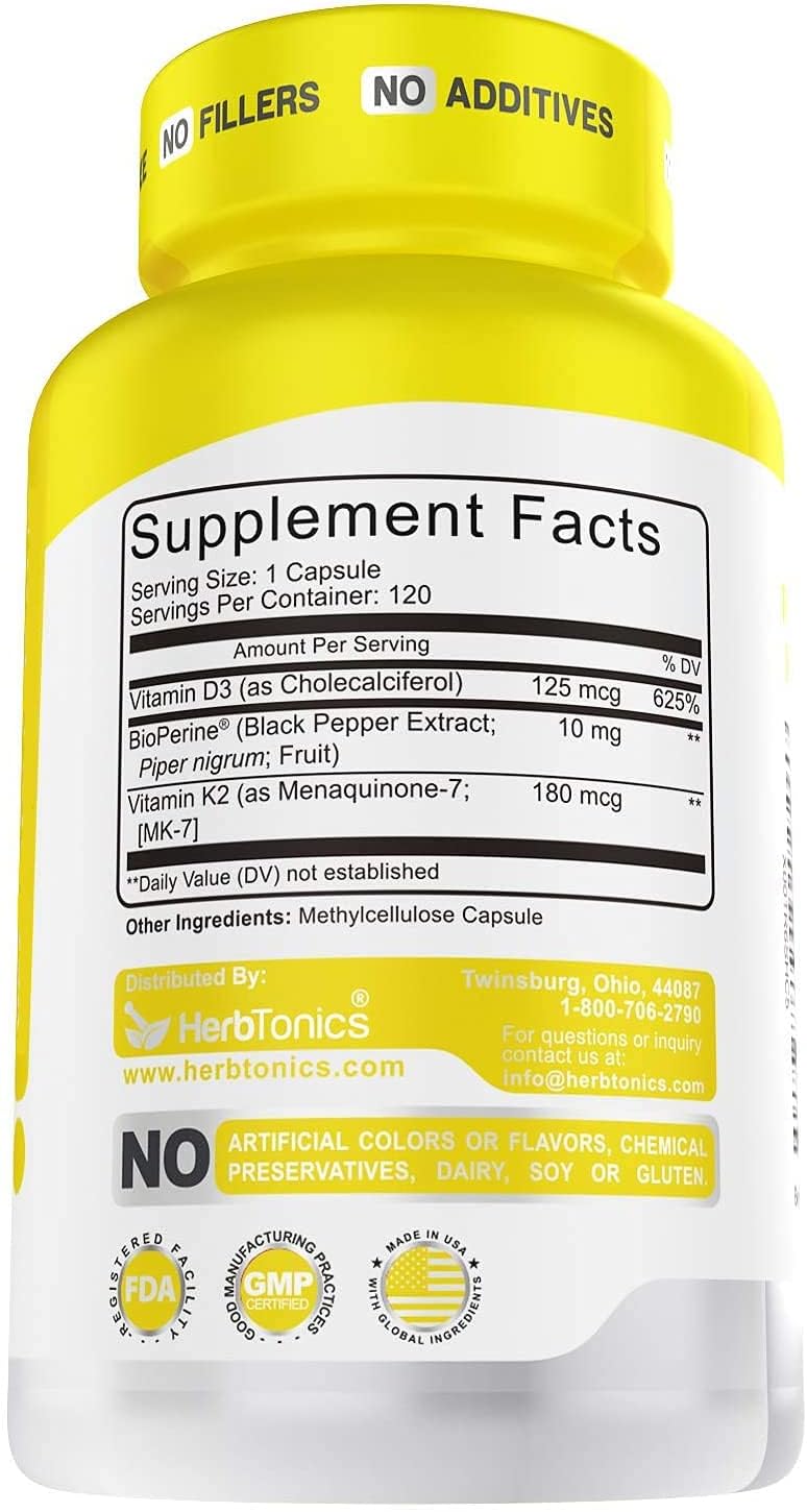 Herbtonics Vitamin K2 D3 Supplement with Bioperine for Immune System Support, Strong Bones & Heart Health - 120 Veg Capsules