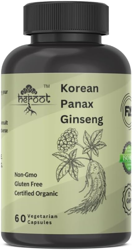 Heroot Panax Ginseng Capsules - 500 MG for Energy, Memory, & Brain Health - Non-GMO - 60 Capsules
