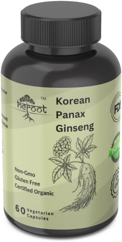 Heroot Panax Ginseng Capsules - 500 MG for Energy, Memory, & Brain Health - Non-GMO - 60 Capsules