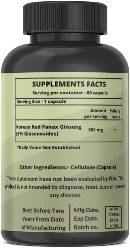 Heroot Panax Ginseng Capsules - 500 MG for Energy, Memory, & Brain Health - Non-GMO - 60 Capsules