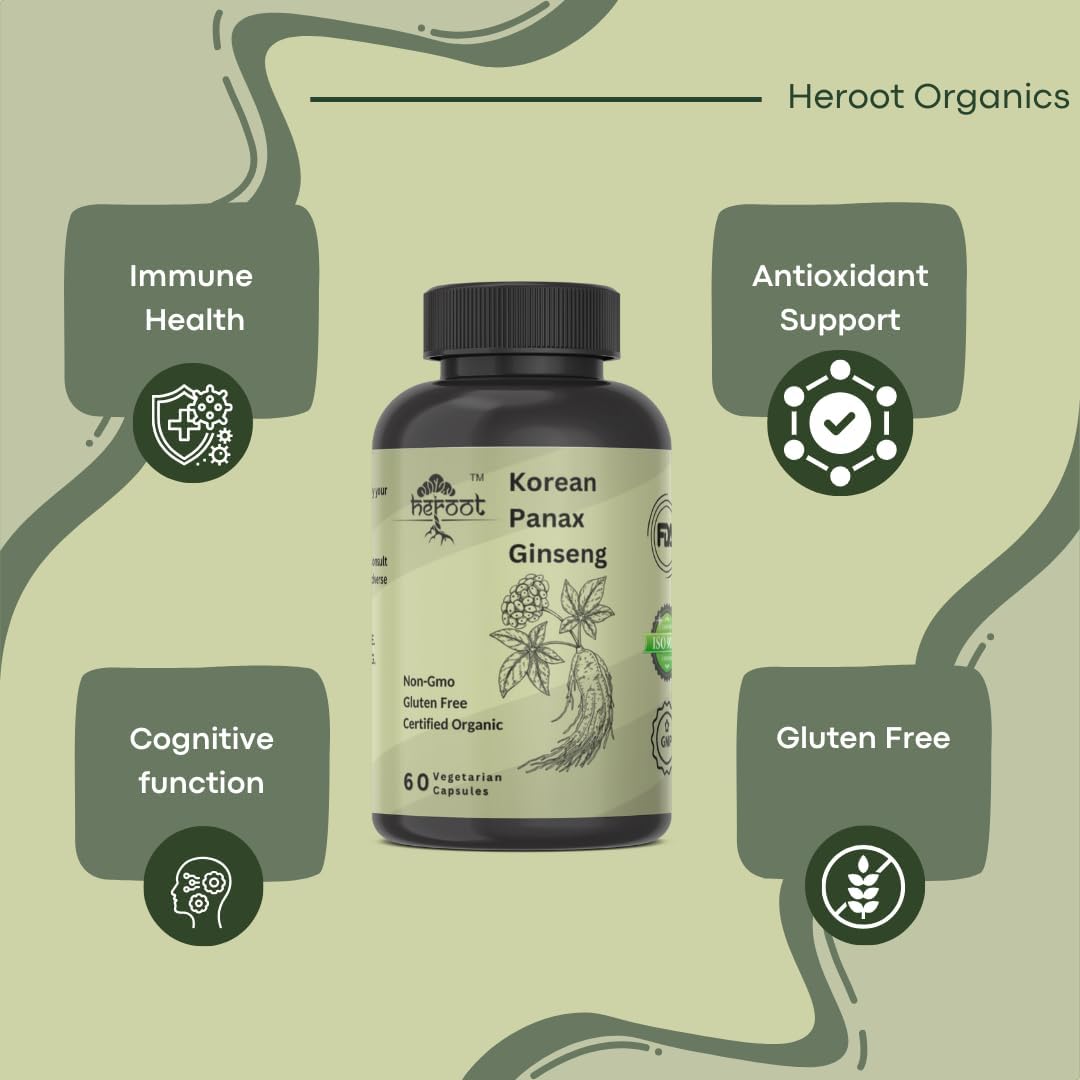 Heroot Panax Ginseng Capsules - 500 MG for Energy, Memory, & Brain Health - Non-GMO - 60 Capsules