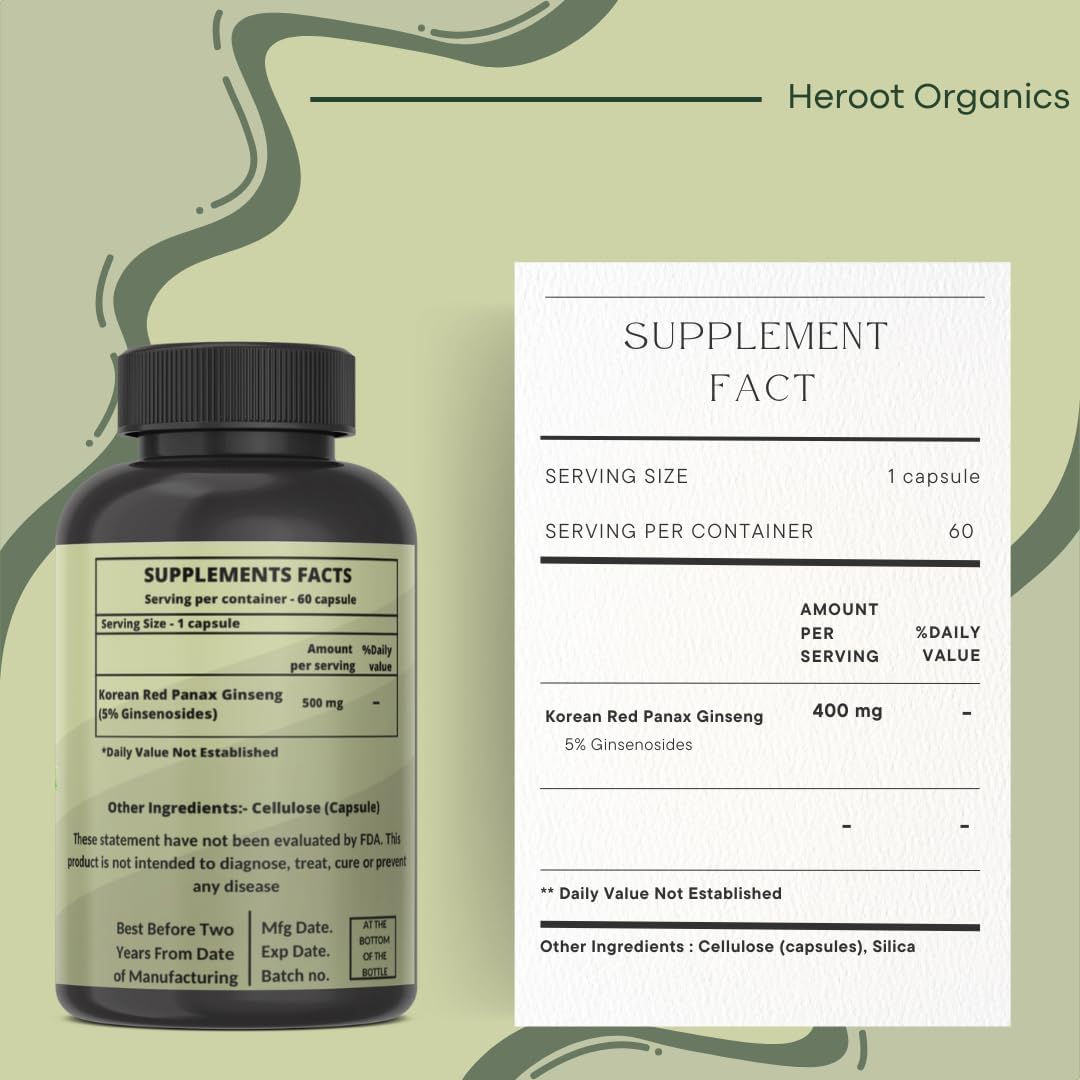 Heroot Panax Ginseng Capsules - 500 MG for Energy, Memory, & Brain Health - Non-GMO - 60 Capsules