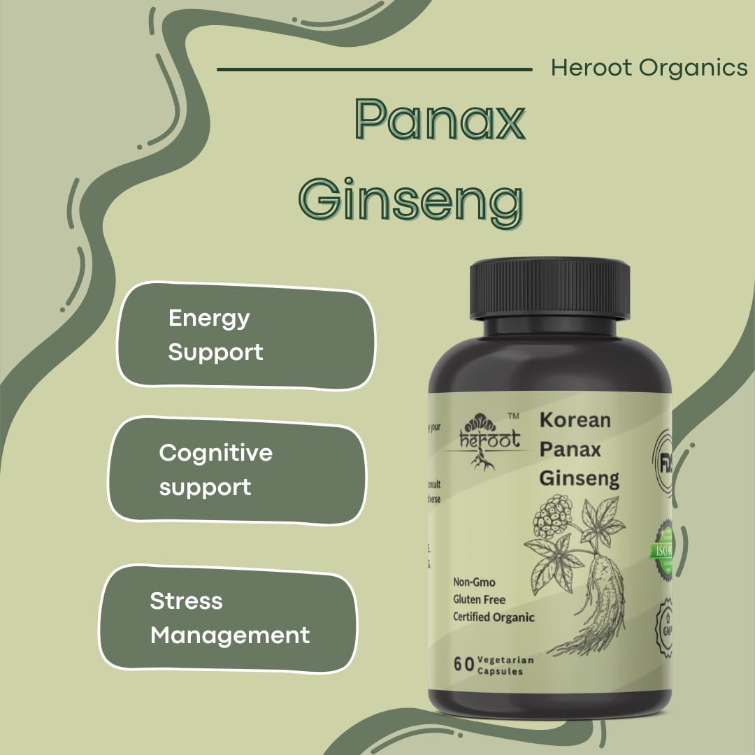 Heroot Panax Ginseng Capsules - 500 MG for Energy, Memory, & Brain Health - Non-GMO - 60 Capsules