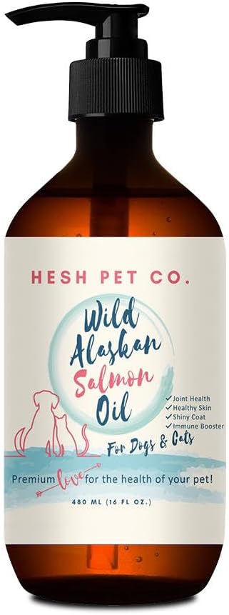 HESH Pet Co. Wild Alaskan Salmon Oil 16oz for Dogs & Cats - Skin & Coat Supplement with Omega 3 EPA + DHA Fatty Acids for Joint, Immune & Heart Health