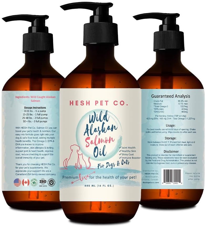 HESH Pet Co. Wild Alaskan Salmon Oil 16oz for Dogs & Cats - Skin & Coat Supplement with Omega 3 EPA + DHA Fatty Acids for Joint, Immune & Heart Health