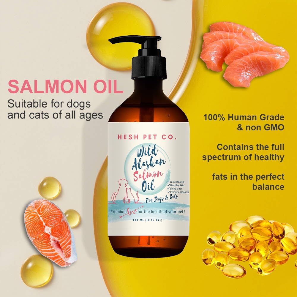 HESH Pet Co. Wild Alaskan Salmon Oil 16oz for Dogs & Cats - Skin & Coat Supplement with Omega 3 EPA + DHA Fatty Acids for Joint, Immune & Heart Health