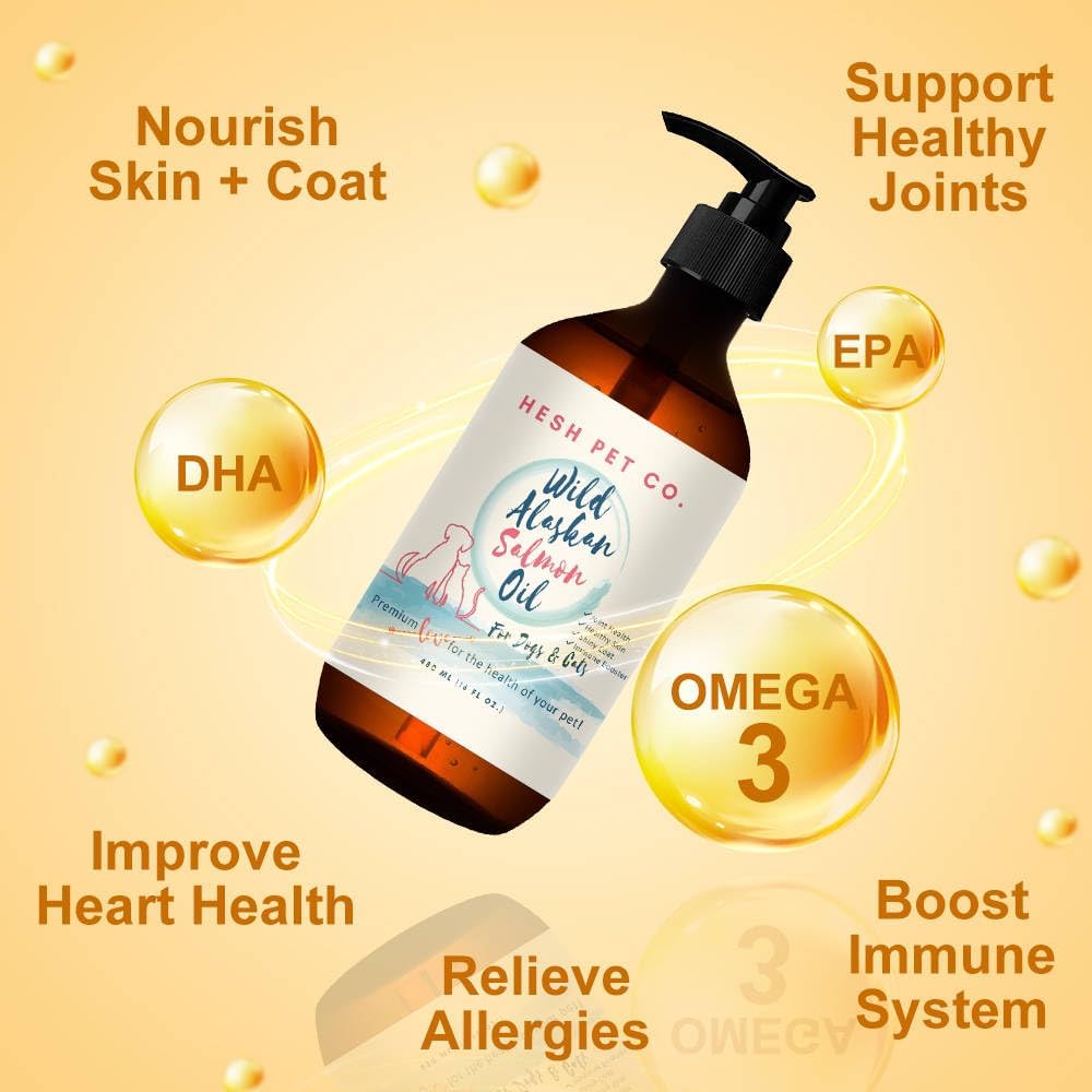 HESH Pet Co. Wild Alaskan Salmon Oil 16oz for Dogs & Cats - Skin & Coat Supplement with Omega 3 EPA + DHA Fatty Acids for Joint, Immune & Heart Health