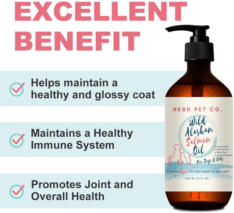 HESH Pet Co. Wild Alaskan Salmon Oil 16oz for Dogs & Cats - Skin & Coat Supplement with Omega 3 EPA + DHA Fatty Acids for Joint, Immune & Heart Health