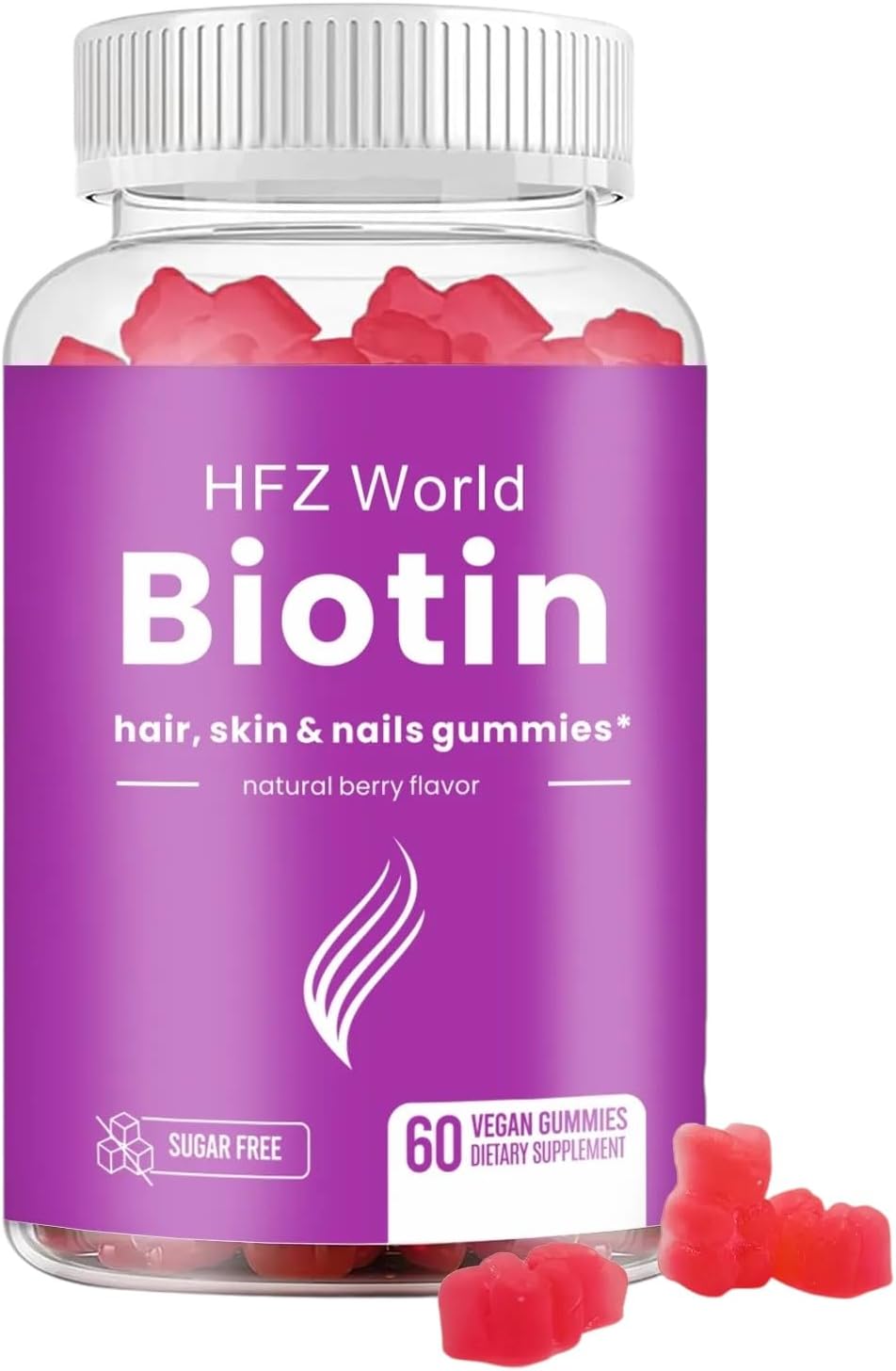 HFZ World Vegan Biotin Gummies for Hair, Skin & Nails - Non GMO, Sugar Free, Natural Berry Flavor - 60 Count