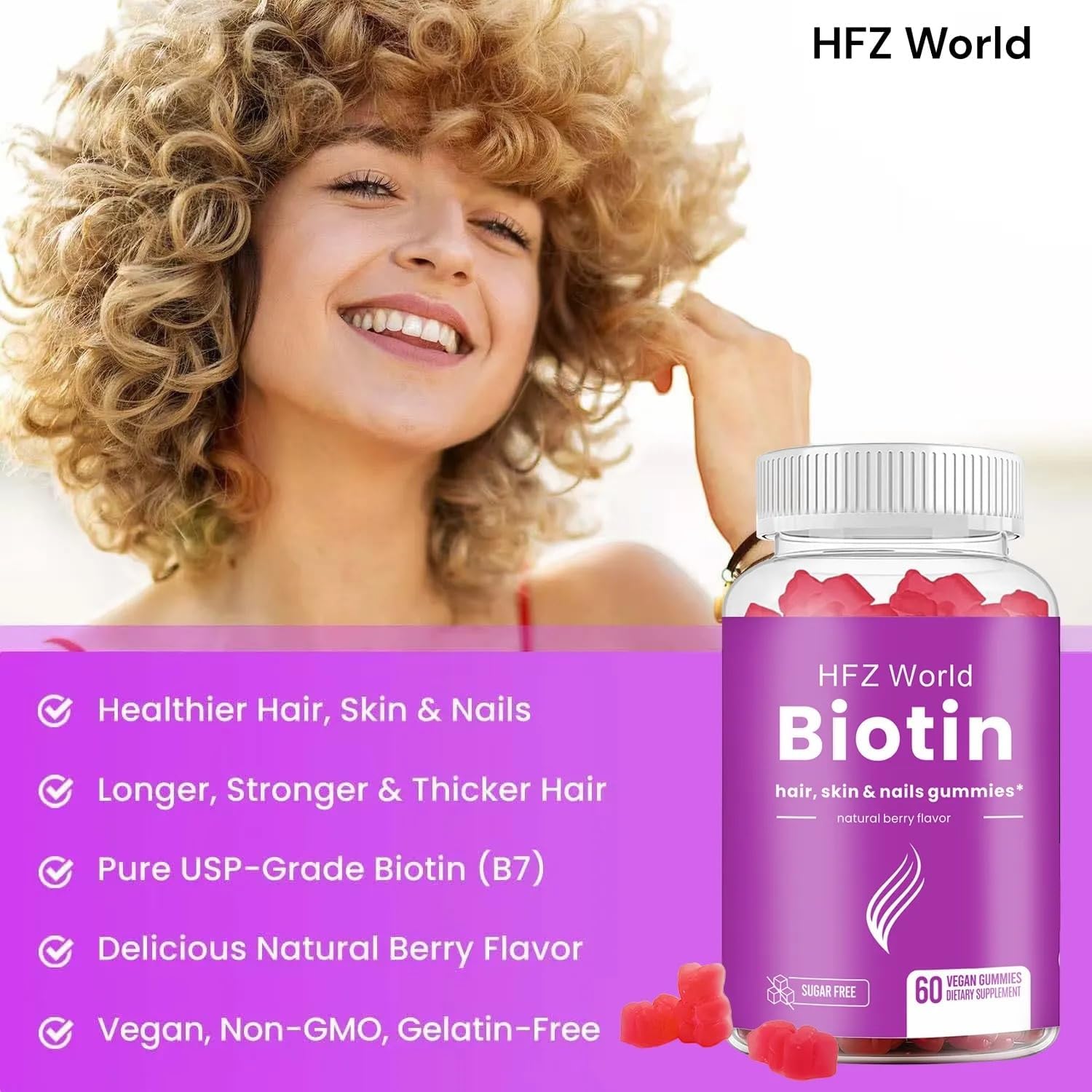 HFZ World Vegan Biotin Gummies for Hair, Skin & Nails - Non GMO, Sugar Free, Natural Berry Flavor - 60 Count