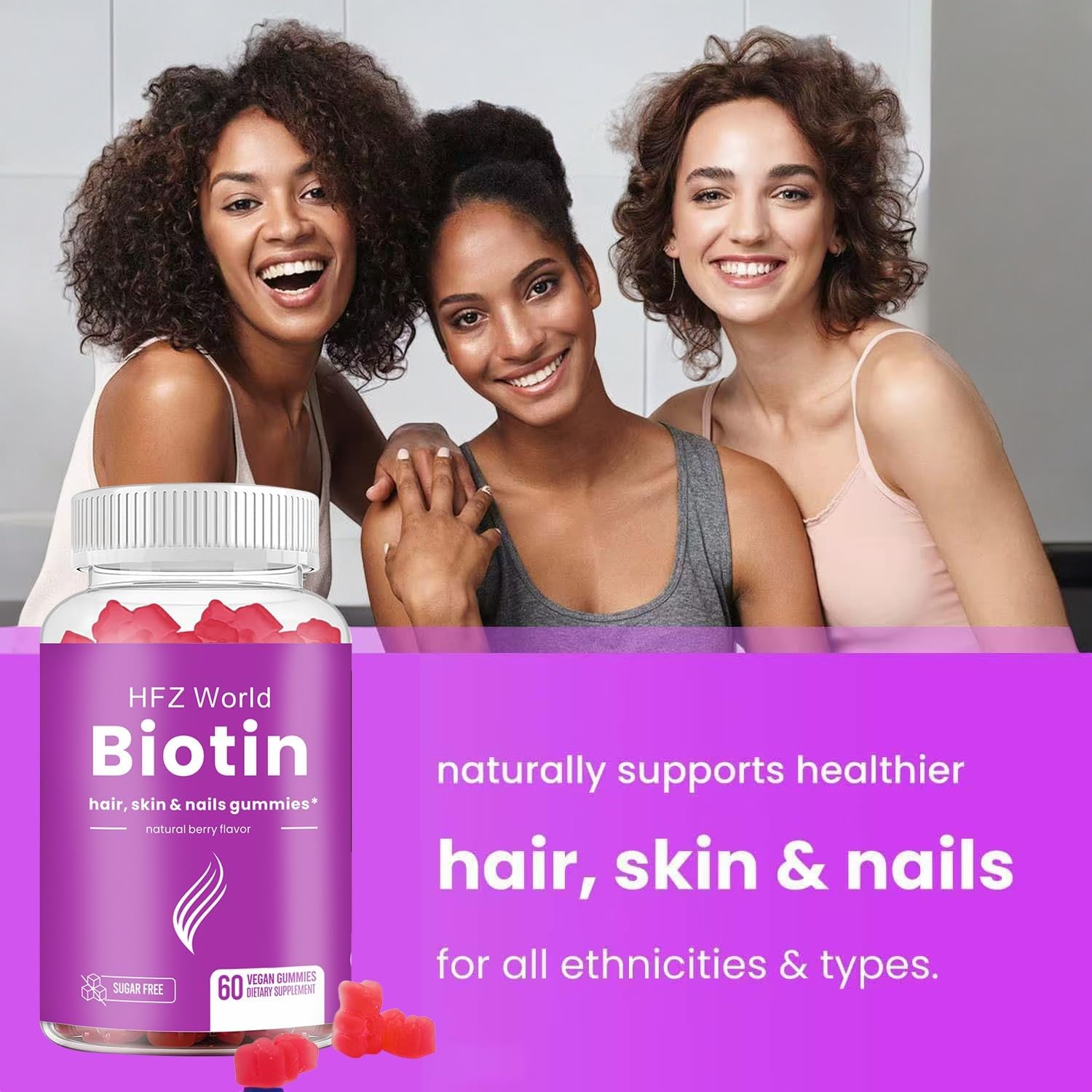 HFZ World Vegan Biotin Gummies for Hair, Skin & Nails - Non GMO, Sugar Free, Natural Berry Flavor - 60 Count