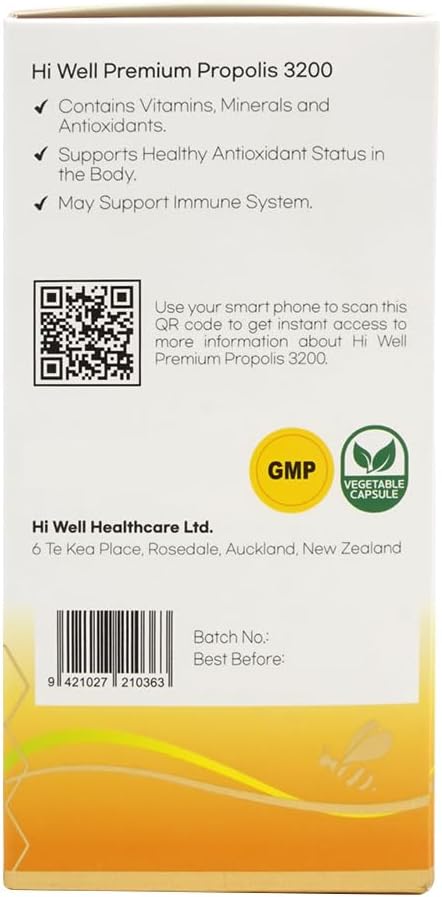 Hi Well Premium Propolis 3200 with 96mg Flavonoid - Natural New Zealand Formula (Pack of 2)