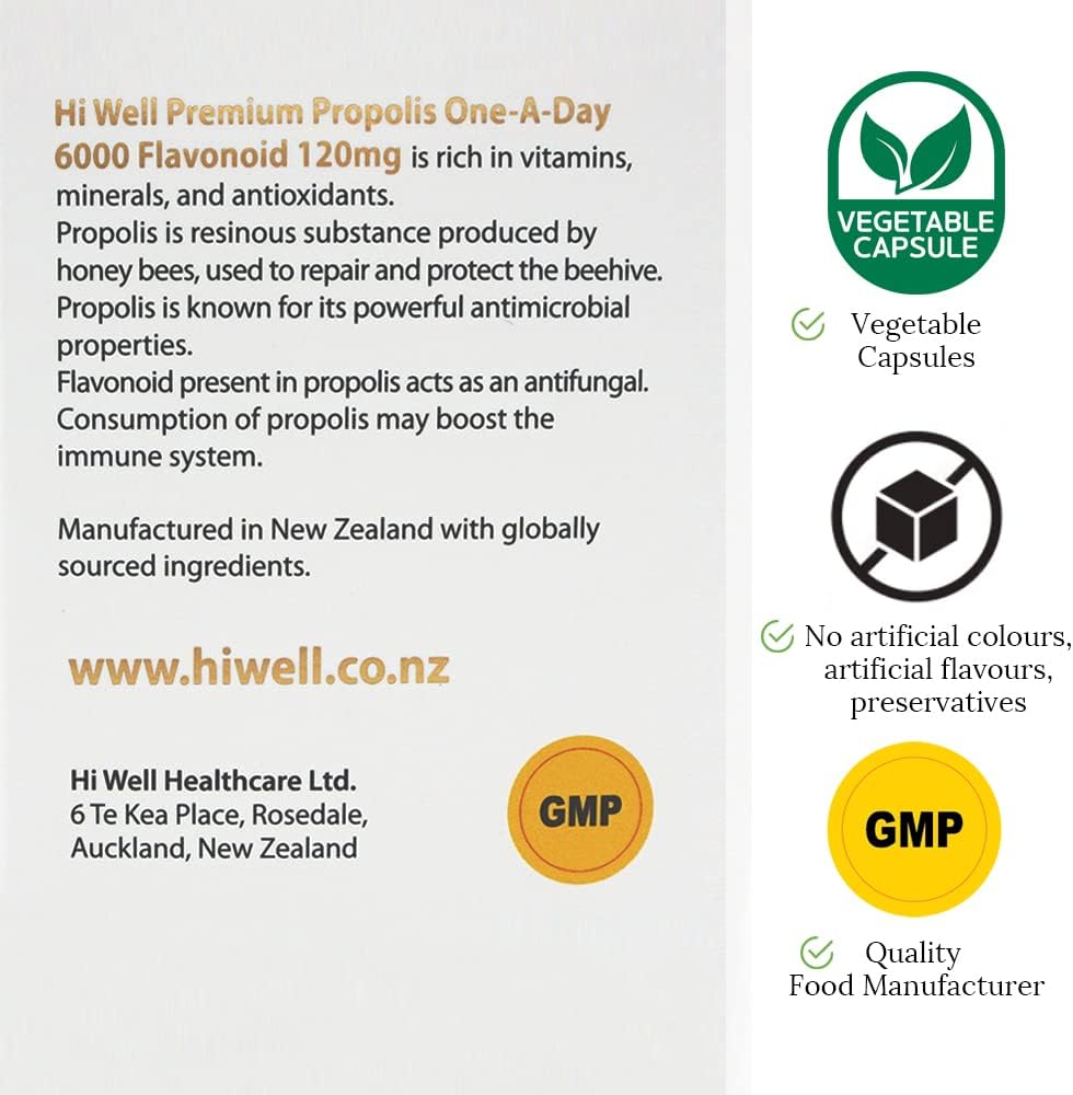 Hi Well Premium Propolis 6000 Flavonoid Capsules - Pure & Natural New Zealand Propolis Supplement