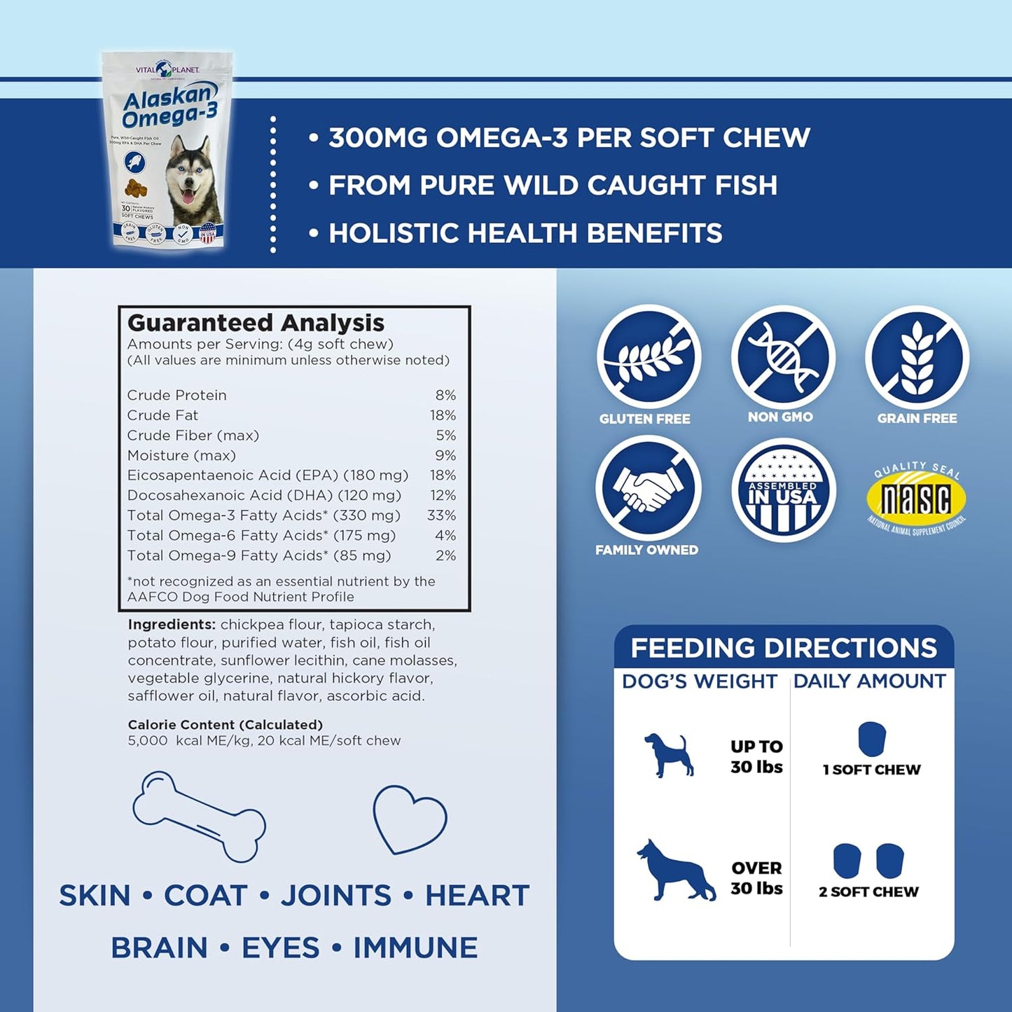 Hickory Flavored Alaskan Omega-3 Soft Chews for Dogs - 30 Wild Alaskan Fish Oil Treats by Vital Planet