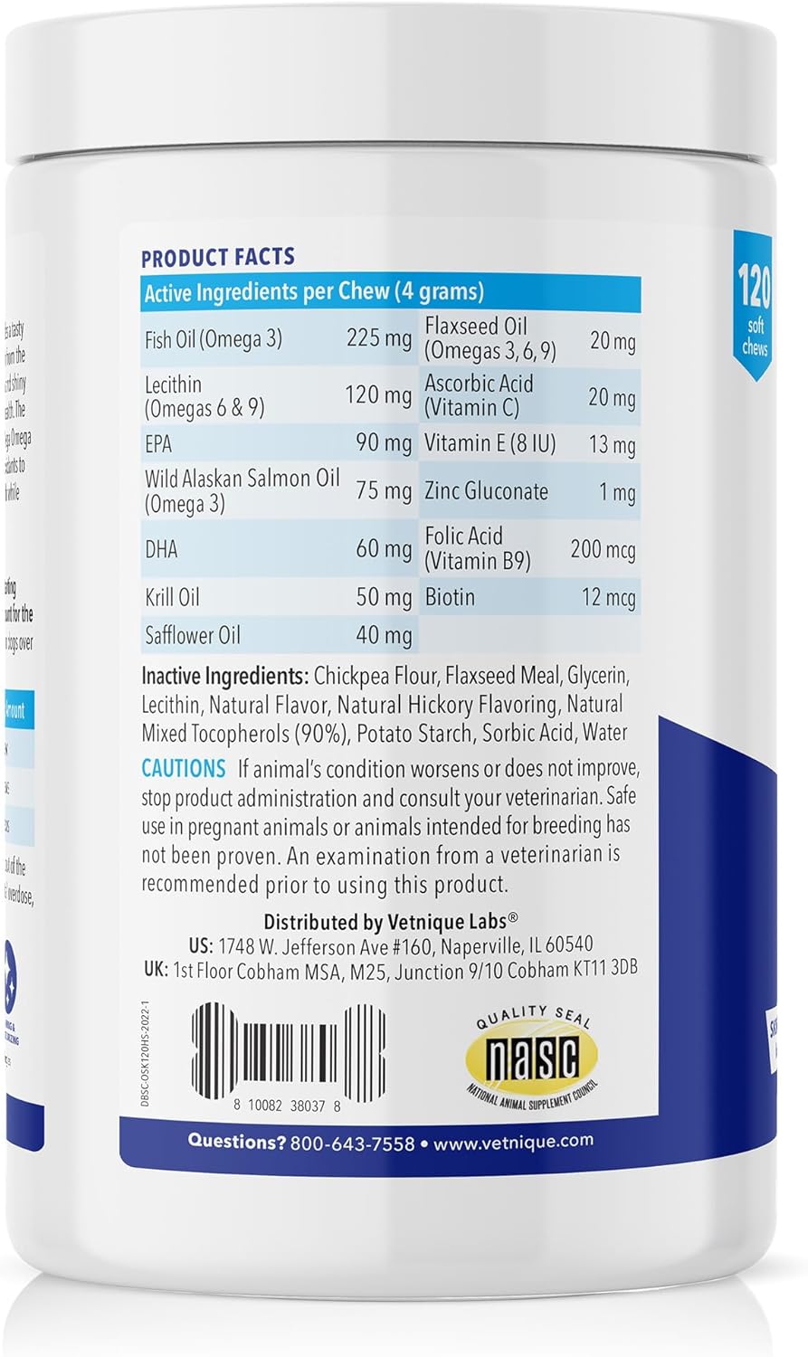 Hickory Salmon Dog Treats with Biotin & DHA for Healthy Skin & Coat - Omega Fish Oil Soft Chews for Dogs by Vetnique Labs (120 Count)