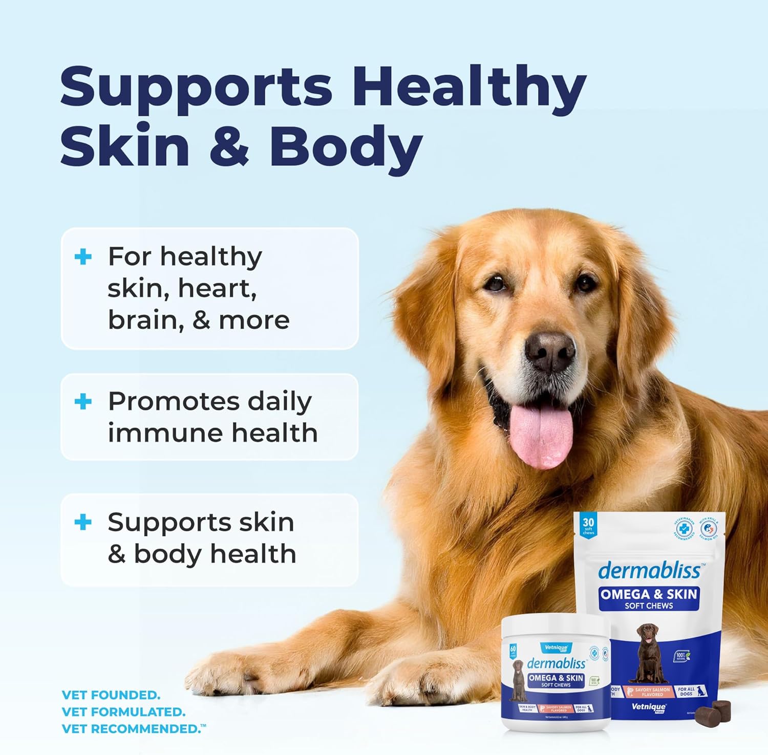 Hickory Salmon Dog Treats with Biotin & DHA for Healthy Skin & Coat - Omega Fish Oil Soft Chews for Dogs by Vetnique Labs (120 Count)