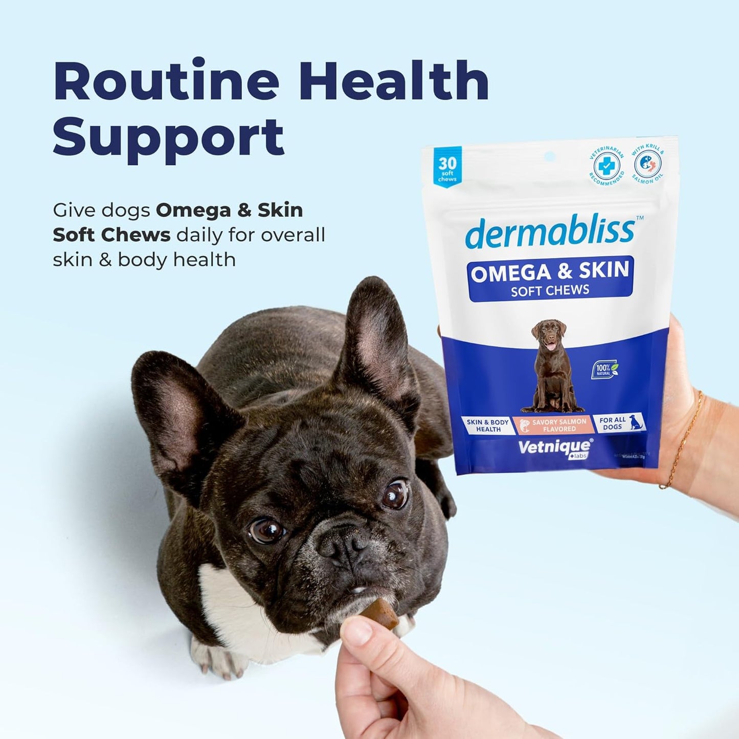 Hickory Salmon Dog Treats with Biotin & DHA for Healthy Skin & Coat - Omega Fish Oil Soft Chews for Dogs by Vetnique Labs (120 Count)