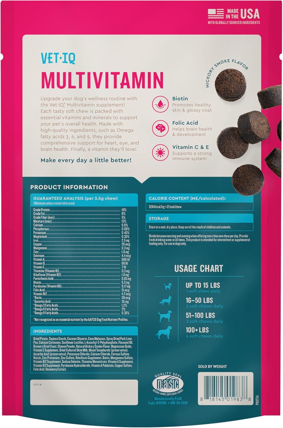 Hickory Smoke Flavored Dog Multivitamin with Active Brain and Immune Support, 60 Count, Made in USA