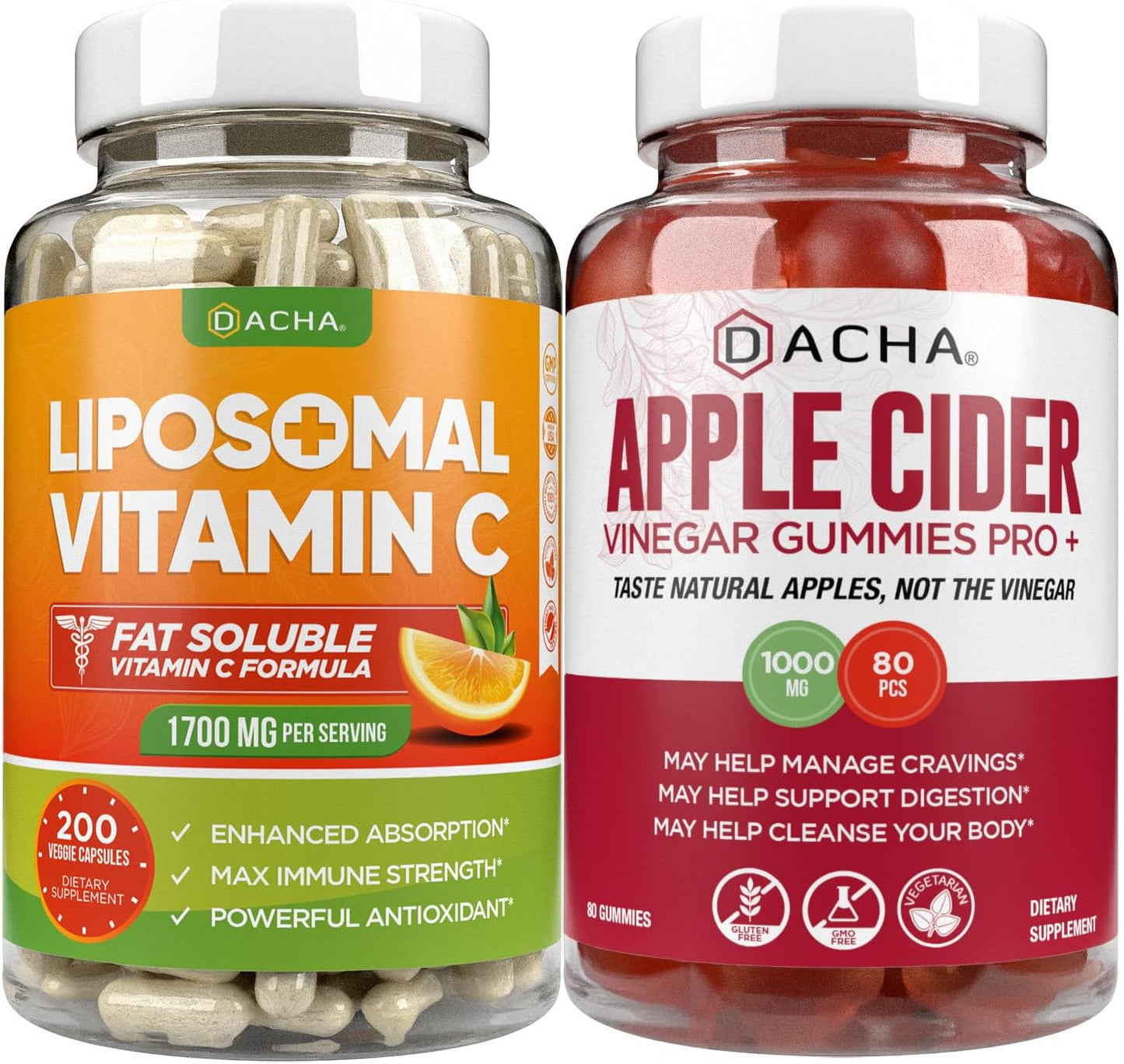 High Absorb Potency Immune Boost Bundle - Liposomal Vitamin C & Apple Cider Vinegar Gummies for Detox, Slimming Formula Support, and Stomach Friendly Cleanse
