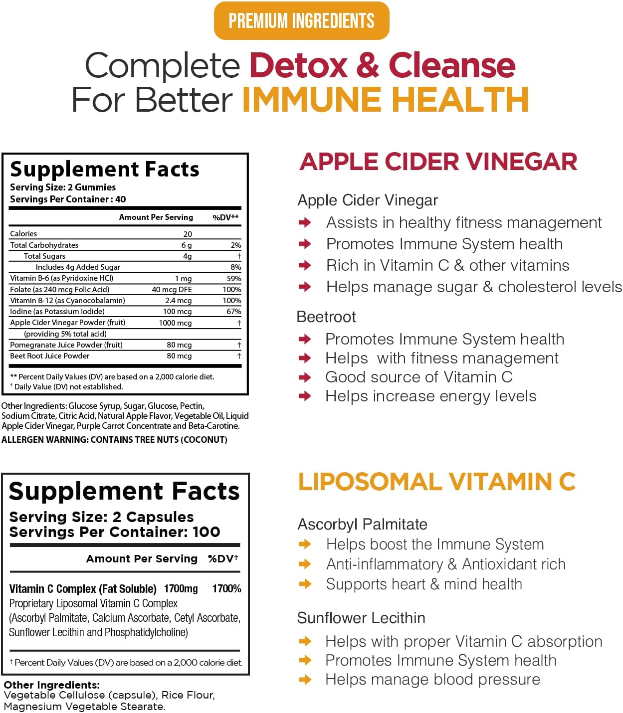 High Absorb Potency Immune Boost Bundle - Liposomal Vitamin C & Apple Cider Vinegar Gummies for Detox, Slimming Formula Support, and Stomach Friendly Cleanse
